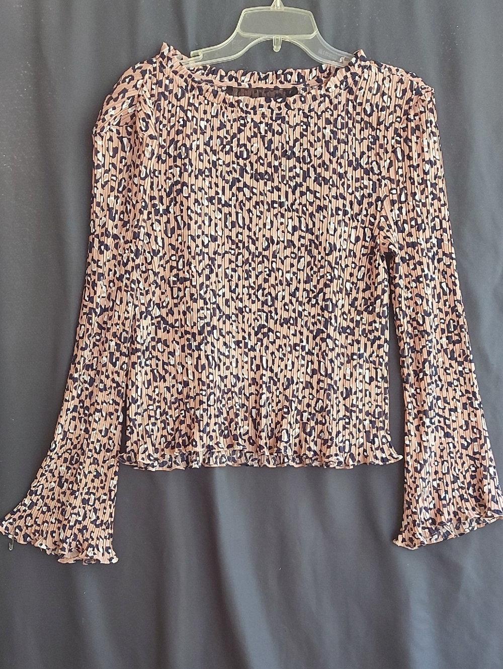 Pleated Long-Sleeve Pink Animal Print Top